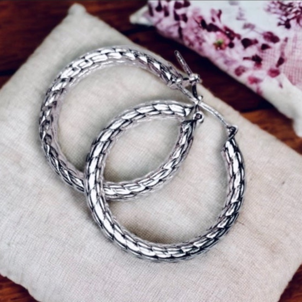 Vintage Designer Hoop Earrings Solid 925 Sterling Silver Large Hoops Etched